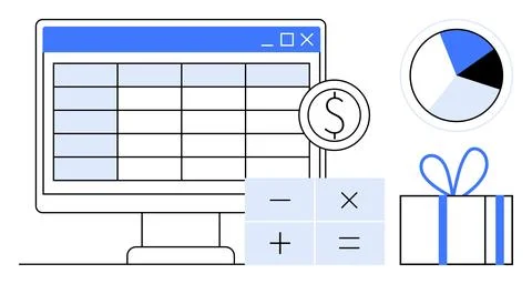 Computer screen with grid, dollar coin icon, sectioned pie chart, gift box, a Illustrazione stock