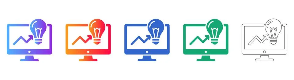Computer Screen with Growth Chart and Lightbulb Icon Set Stock Illustration