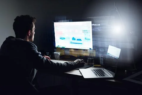 Computer screen, hacking and man with programming overlay for firewall, password 스톡 사진