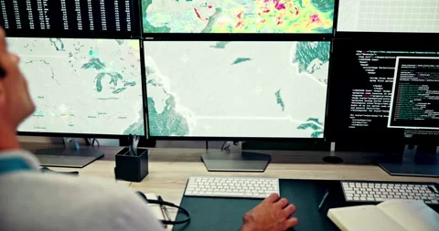 Computer screen, hand and climate with man in office to monitor geology, Stock Footage 317244765