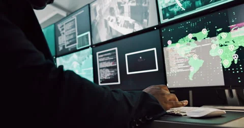 Computer screen, hands and surveillance with person in CCTV control room for Stock Footage 303610185