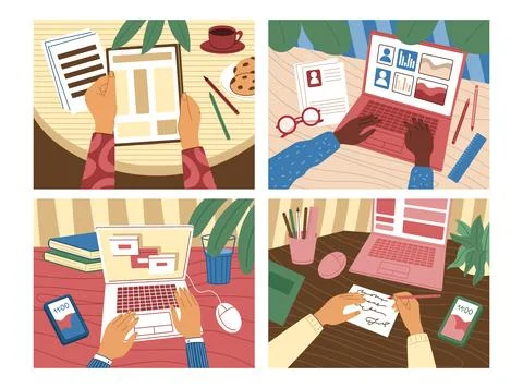 Computer screen. Hands typing on keyboard. Online business on home desk top v Stock Illustration