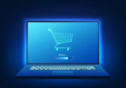 Computer screen has a shopping cart with status. It represents online shopp.. 스톡 일러스트