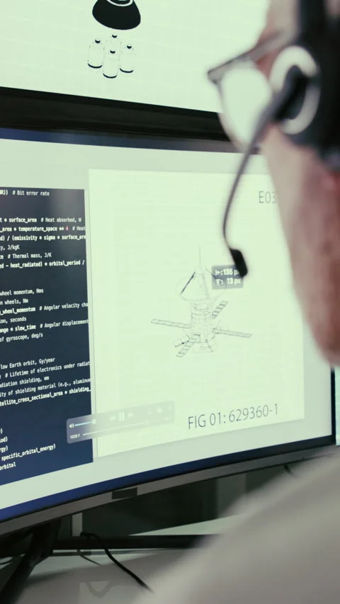 Computer screen, headset and satellite coding with man in office to monitor Stock Footage 319246367