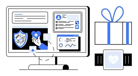 Computer screen with health data applications, gift box with blue ribbon, and 스톡 일러스트