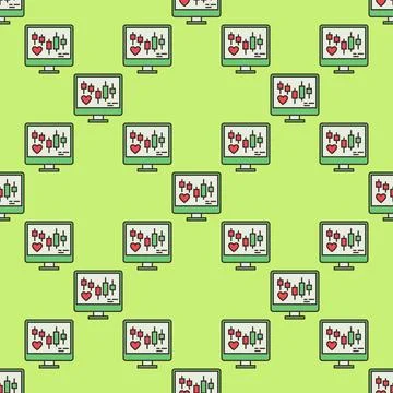 Computer Screen with Heart Symbol and Chart Pattern vector colored seamless.. Illustrazione stock