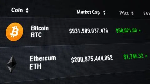 Computer screen illustration showing Bitcoin surpassing the 50,000 dollar mark. Stock-Illustration