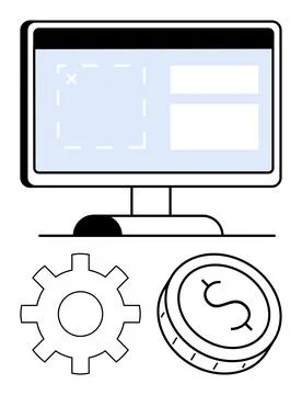 Computer screen with interface, gear, and dollar coin showing technology, s.. Illustrazione stock