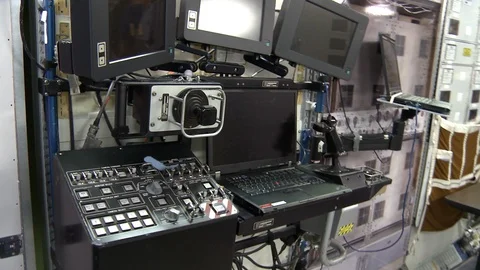 Computer screen with laptop and control buttons in space station Stock Footage 99083628