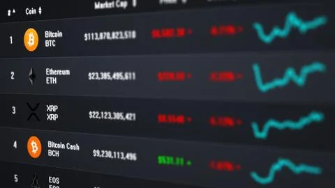 Computer screen with list of cryptocurrency exchange rates Stock Illustration