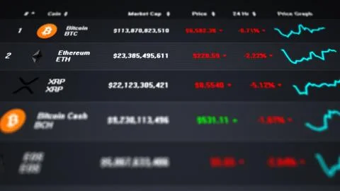 Computer screen with list of cryptocurrency exchange rates Stock Illustration
