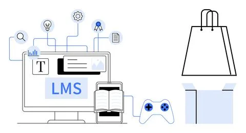 Computer screen with LMS, book, gaming controller, shopping bag, gear, and li Stock Illustration