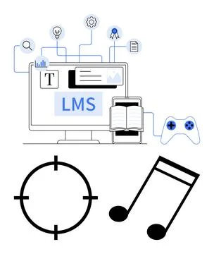 Computer screen with LMS, icons for text, analysis, gear, certificate, book,  스톡 일러스트