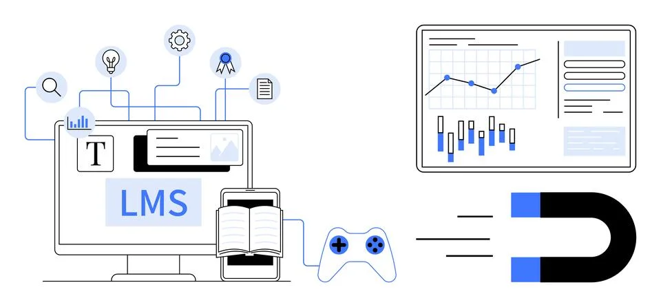 Computer screen with LMS platform, controller, and interconnected graphic ele Stock Illustration