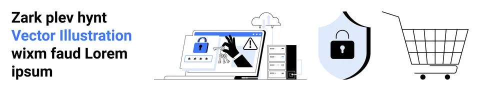 Computer screen with lock and hand, shield with lock, and shopping cart in a  Stock Illustration