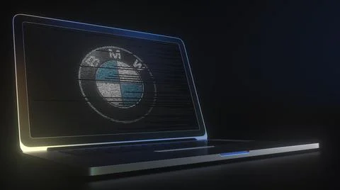 Computer screen with the logo of BMW made with source code. Editorial conceptual Stock Illustration