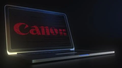 Computer screen with the logo of CANON made with source code. Editorial 库存插图