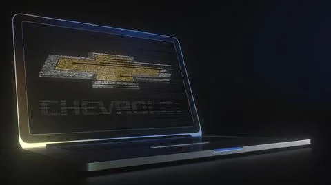 Computer screen with the logo of CHEVROLET made with source code. Editorial Stock Illustration