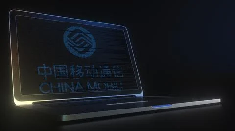 Computer screen with the logo of CHINA MOBILE made with source code. Editorial Stock Illustration
