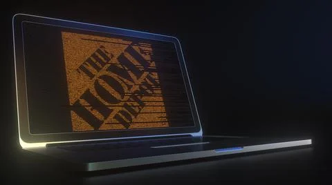 Computer screen with the logo of THE HOME DEPOT made with source code. Editorial Stock Illustration