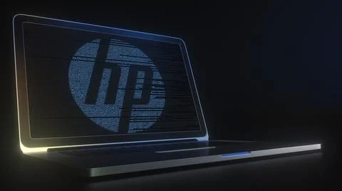 Computer screen with the logo of HP made with source code. Editorial conceptual Illustrazione stock