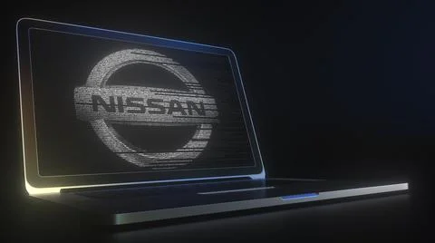 Computer screen with the logo of NISSAN made with source code. Editorial Stock Illustration