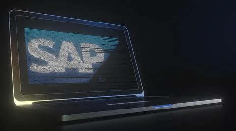 Computer screen with the logo of SAP made with source code. Editorial conceptual Stock Illustration
