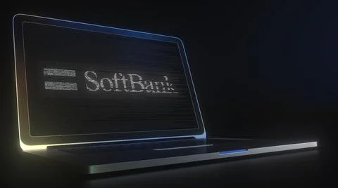 Computer screen with the logo of SOFT BANK made with source code. Editorial Stock Illustration