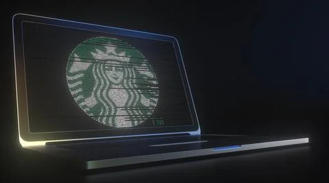 Computer screen with the logo of STARBUCKS made with source code. Editorial Stock Illustration