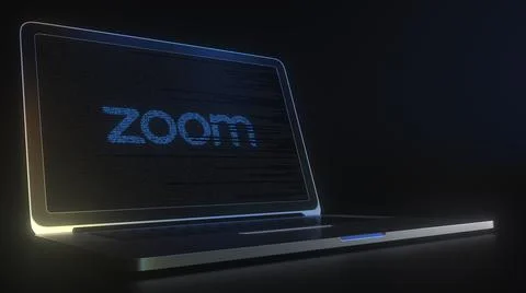 Computer screen with the logo of ZOOM made with source code. Editorial Stock Illustration