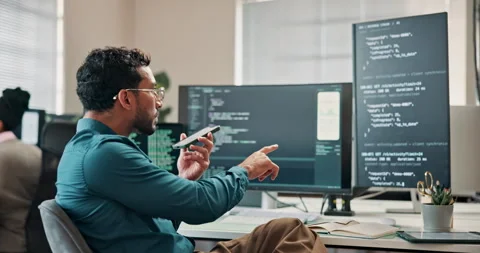 Computer screen, man and voice note with phone in office, software development Stock Footage 346946896
