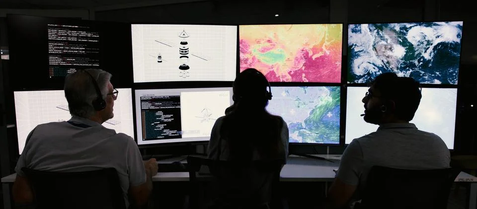 Computer screen, maps and back of people in control room for storm, researc.. Foto stock