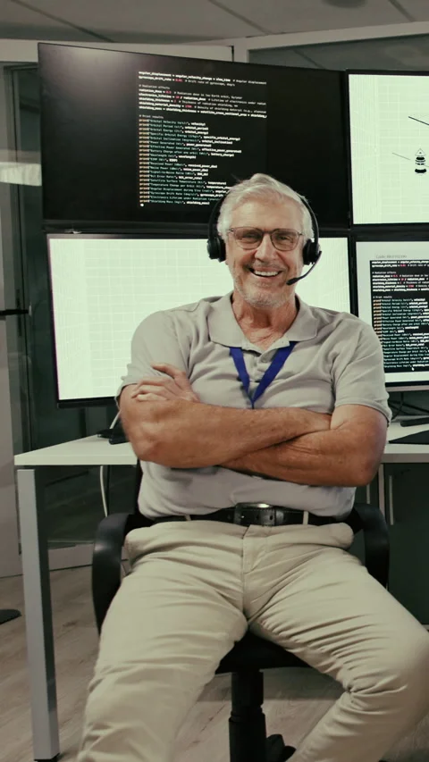 Computer screen, mature and face with man in control room for rocket, engineer Stock Footage 319245606