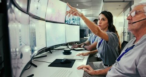 Computer screen, meteorology and pointing with woman in control room for st.. Stock-Fotos