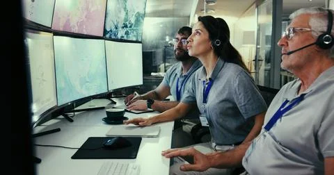 Computer screen, meteorology and satellite and woman in control room for st.. Stock Photos