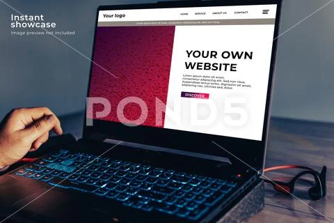 Computer screen mockup for advertising, man working on a laptop, marketing .. PSD Template