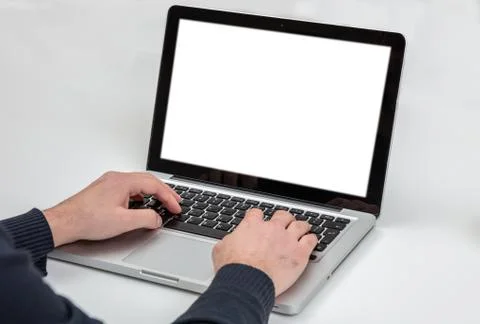 Computer screen mockup. Man working with a white blank screen laptop isolated Stock Photos