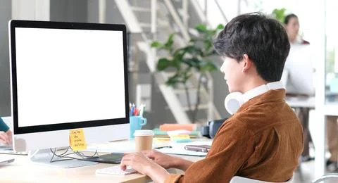 Computer screen mockup, template background, Office man typing computer with Stock Photos