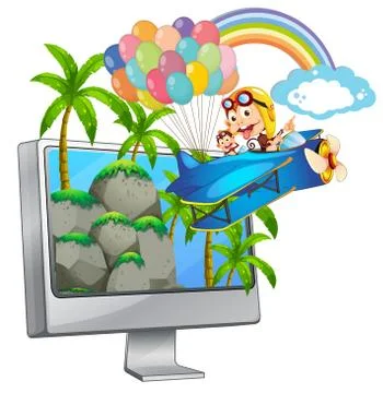 Computer screen with monkey on airplane Stock Illustration
