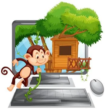 Computer screen with monkey playing at treehouse Stock Illustration