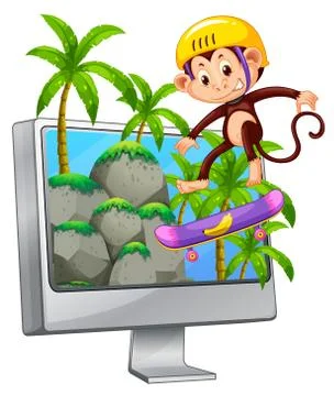 Computer screen with monkey on skateboard Stock Illustration