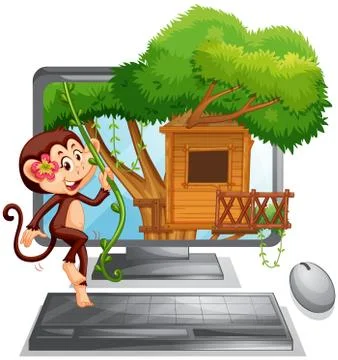 Computer screen with monkey on treehouse Stock Illustration