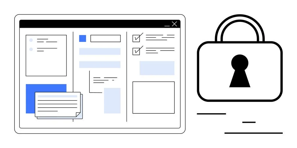Computer screen with multiple windows, text boxes, and checkmarks beside a pa Stock Illustration