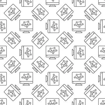 Computer Screen with Neural Network vector line seamless pattern 库存插图