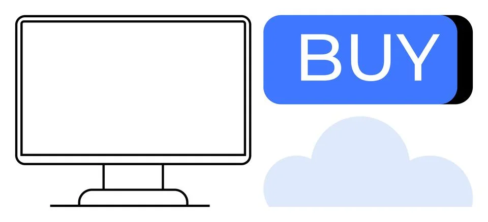 Computer screen next to a large BUY button and a cloud icon representing onli Illustrazione stock