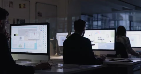 Computer screen, night and graphic designer or digital artist for social media Stock Footage 255208913