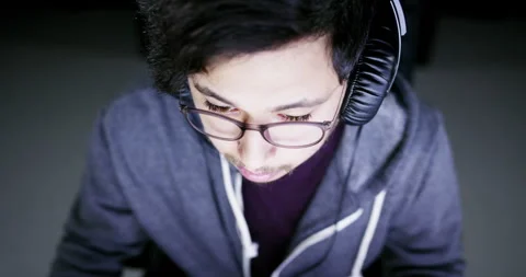 Computer screen, night and man typing, gaming or play fantasy challenge, first Video stock 254289206