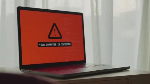 Computer screen in office or home glitches and displays hacker ground message Stock Footage 342512549