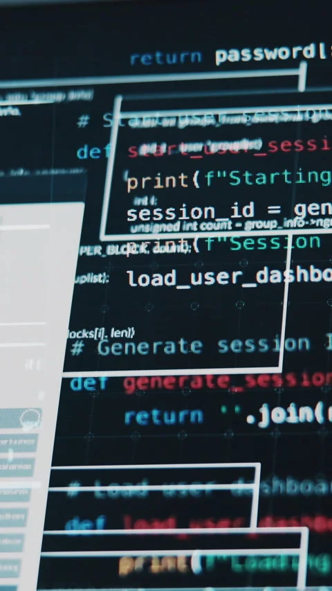 Computer screen, online and closeup of code, script and software development on Stock Footage 333234288
