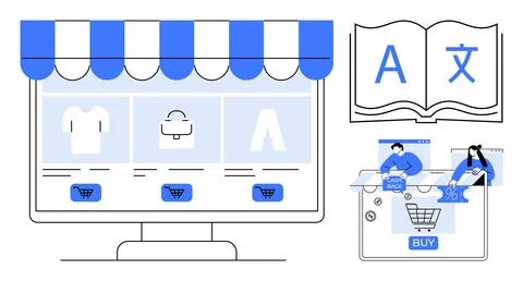 Computer screen with online store, book with language symbols, users receivin Stock-Illustration